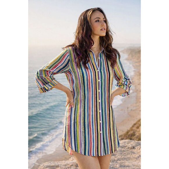 Melissa Paige L Multi Color Stripe Shirt Dress Tunic Collar Roll Tab Sleeve Boho - Picture 5 of 11